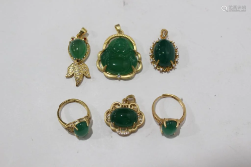 Group of Six Chinese Pendant and Ring w Green Ston