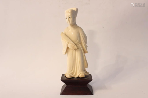 Chinese Bone Carved Figurine Hold a Fan