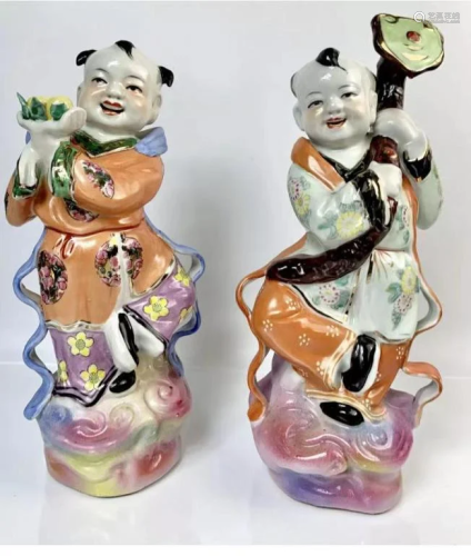 Pair of Chinese Famille Rose Porcelain Boys