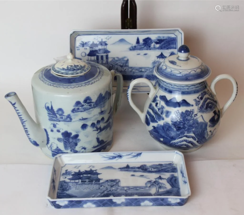 19th.C Chinese Export Blue&White Teapot&Tray