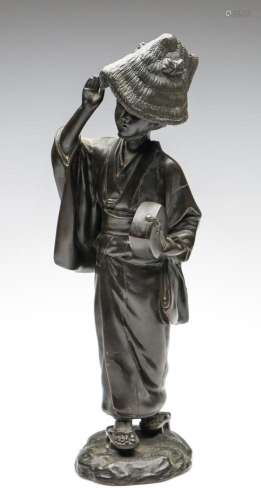 A Bronze Figural Study of a Japanese Lady Holding a Shamisen...