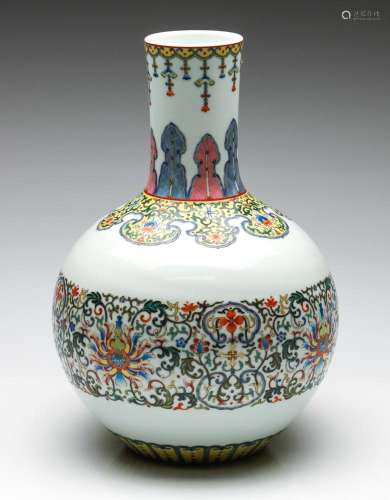 A Famille Rose Chinese Bulbous Vase Decorated With Scrollwor...