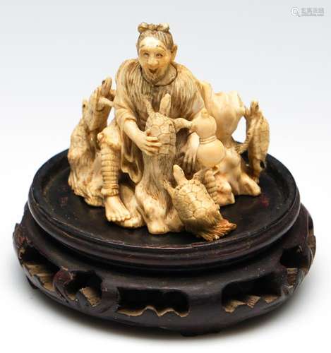 A Well Carved Chinese Antique Ivory Figure of a Man With Tur...