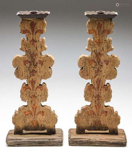 A Large and Heavy Pair of Early Carved Driftwood Candlestick...