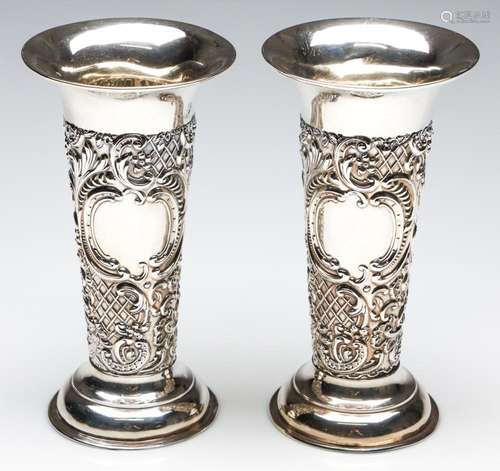 Pair of Edwardian Sterling Silver Wide Form Trumpet Vases Wi...