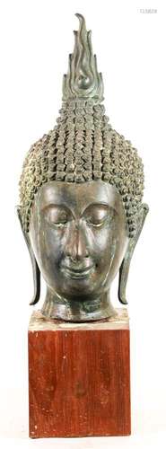 A Large Bronze Buddha Head on Timber Stand (H:63cm)