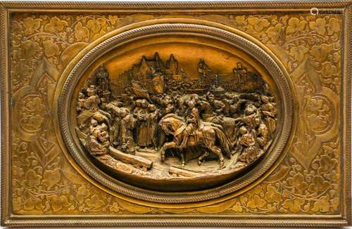 A Cast Brass Plaque Featuring Medieval Scene (27.5cm and 18c...