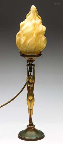 An Art Deco Lady Lamp With Flame Glass Shade (H: 55cm)