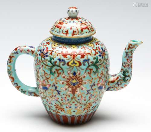 A Blue Ground Chinese Famille Rose Teapot (H: 17cm)