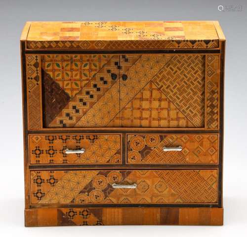 A Japanese Inlaid Jewellery Chest with Tambour Doors Reveali...