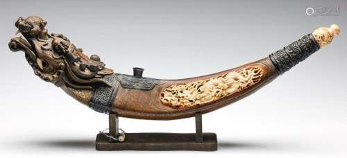 A Chinese Ceremonial Smoking Pipe on Stand With Half-Dragon,...