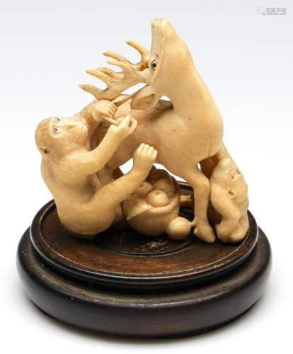 Antique Carved Ivory Figural Group of Monkey and Stag (H:8cm...