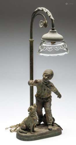 A Figural French Spelter Lamp of a Boy and Dog with Cut Glas...