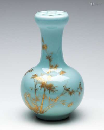 A Blue Chinese Ceramic Frog Vase Featuring Gilt Bamboo Decor...