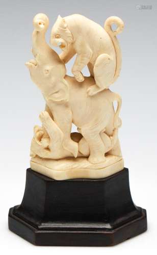 An Antique Indian Carved Ivory Zoomorphic Figural Group (H:1...