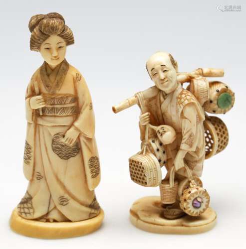A Pair of Probably Meiji Well Carved Ivory Figure of Travell...