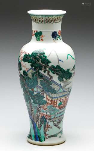 A Famille Verte Chinese Baluster Vase Featuring Village Scen...
