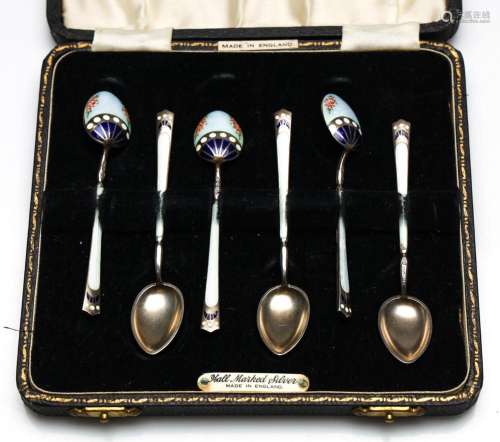 A Boxed George V Set of Six Sterling Silver Floral Enamelled...