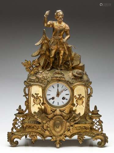 A Large French Gilt Mantle Clock Featuring Man With Crossbow...