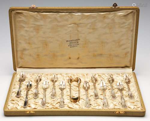 A Set of Twelve French Silver Dessert Forks and Tongs in Box...