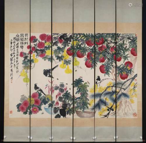 A Qi baishi's six pieces flowers and birds painting