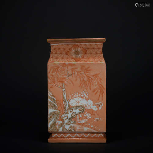 A coral red glazed 'flower and bird' vase