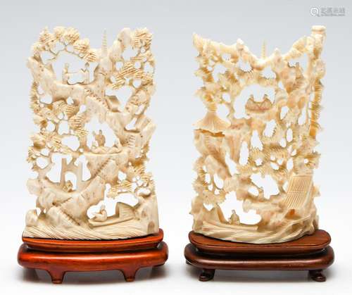 A Pair of Antique Carved Ivory Panels on Timber Stands (H:16...