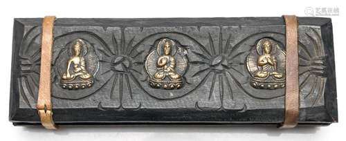 A Burmese Prayer Book With Carved Timber Buddha Themed Cover...