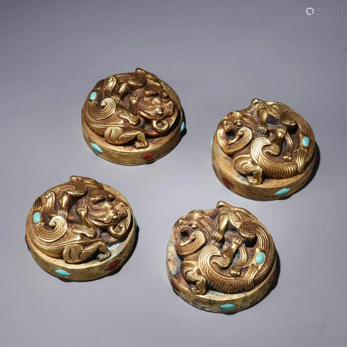 Four Gems Inlaid Gilt Bronze Beast Weights