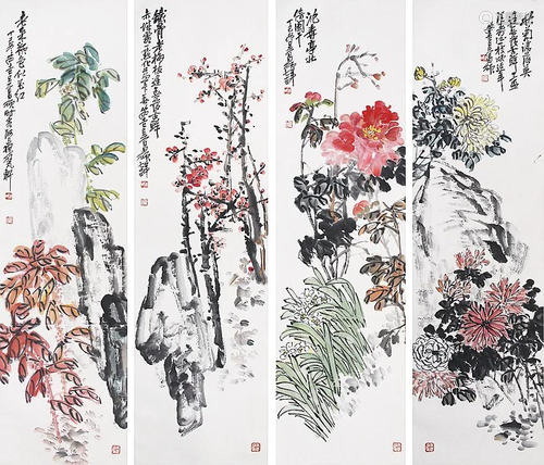 Four Chinese Flower Painting Scrolls