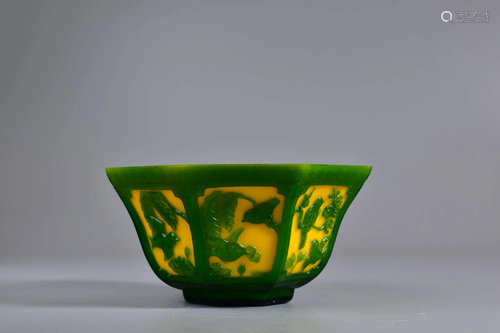 Green Overlay Yellow Flower&Bird Octagonal Bowl