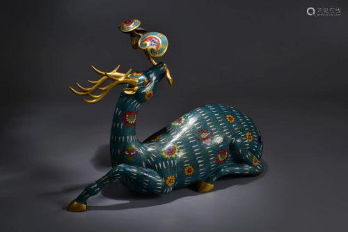 Cloisonne Enamel Recumbent Deer&Lingzhi Ornament