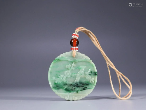 Mottled Jadeite Prunus and Magpie Pendant