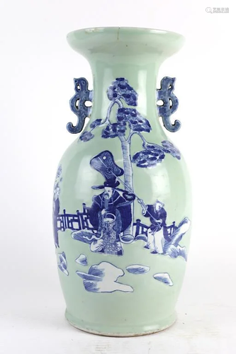 CHINESE BLUE AND CELADON ROULEAU VASE