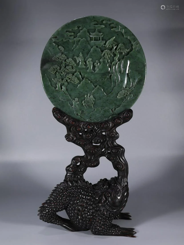 Carved Spinach-Green Jade Figure Table Screen