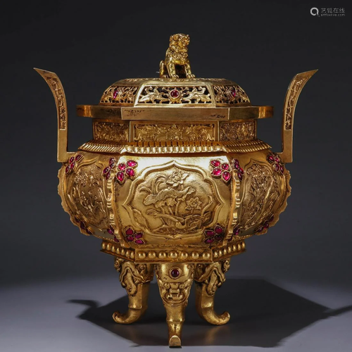 Gilt Bronze Flower Hexagonal Censer with Lion-Finial