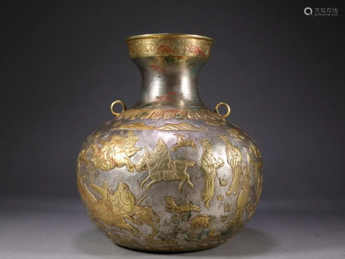 Gilt Bronze Repousse Hunting Double-Hooked Vase