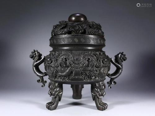 Carved Sandalwood Mythical Beast Tripod Censer