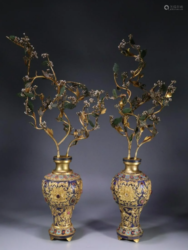 Pair of Gilt Bronze Entwining Lotus Vases and Flowers