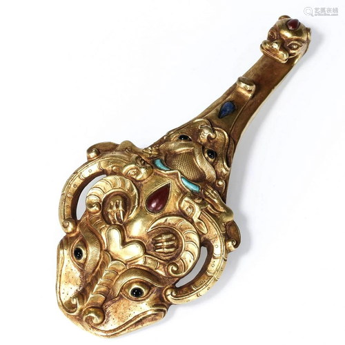 Handstone Inlaid And Gilt Bronze Dragon Belt Hook