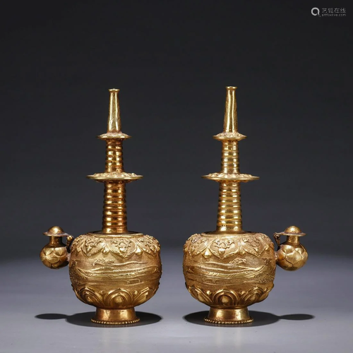 Pair of Gilt Bronze Asparas Lotus-Petal Pots