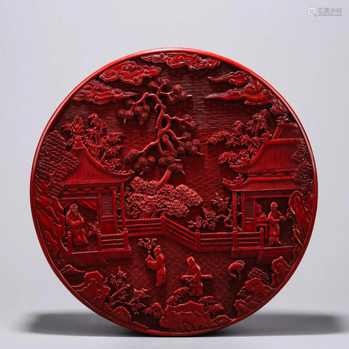 Carved Cinnabar Lacquerware Figure&Landscape Box and