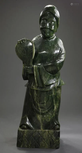 LARGE CHINESE SPINACH GREEN JADE FIGURE OF LUOHAN