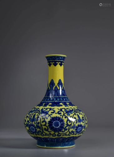 Yellow-Ground Underglaze Blue Entwining Lotus Bottle