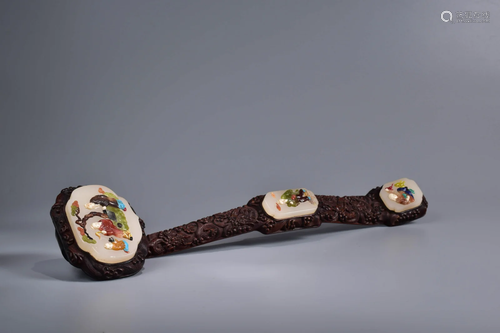 Hard Stone Inlaid Sandalwood Ruyi Sceptre