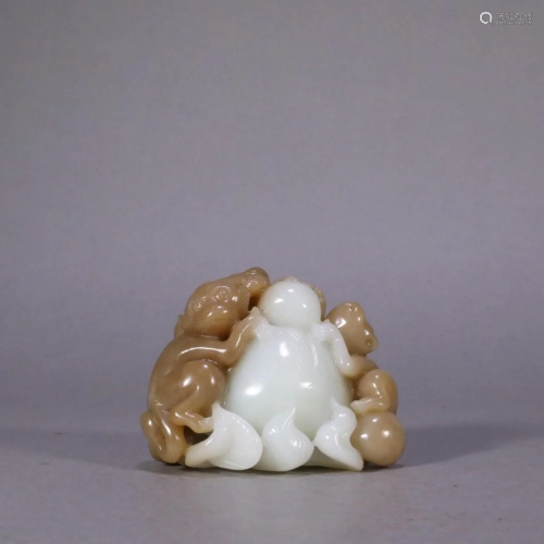 Carved Hetian Jade Cameo Monkey and Peach Ornament