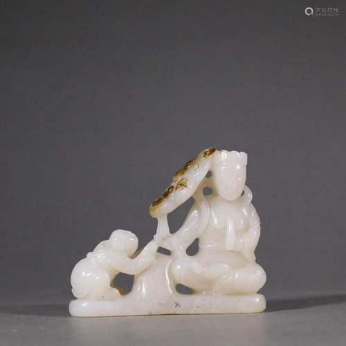 Carved Hetian Jade Guanyin and Boy Ornament
