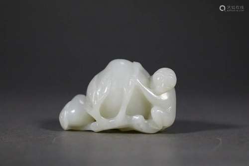 Carved Hetian Jade Monkey and Peach Ornament