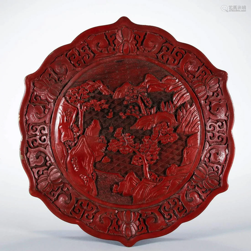 Carved Cinnabar Lacquerware Landscape Plate