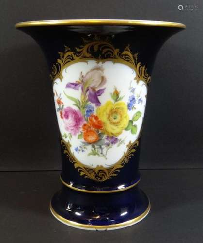 gr. Trichtervase "Meissen" Kobalt mit Gold, Blumen...